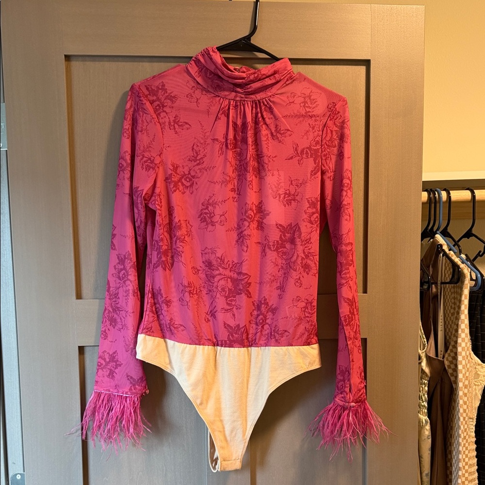Wayf Pink Floral Bodysuit with Feather Cuffs